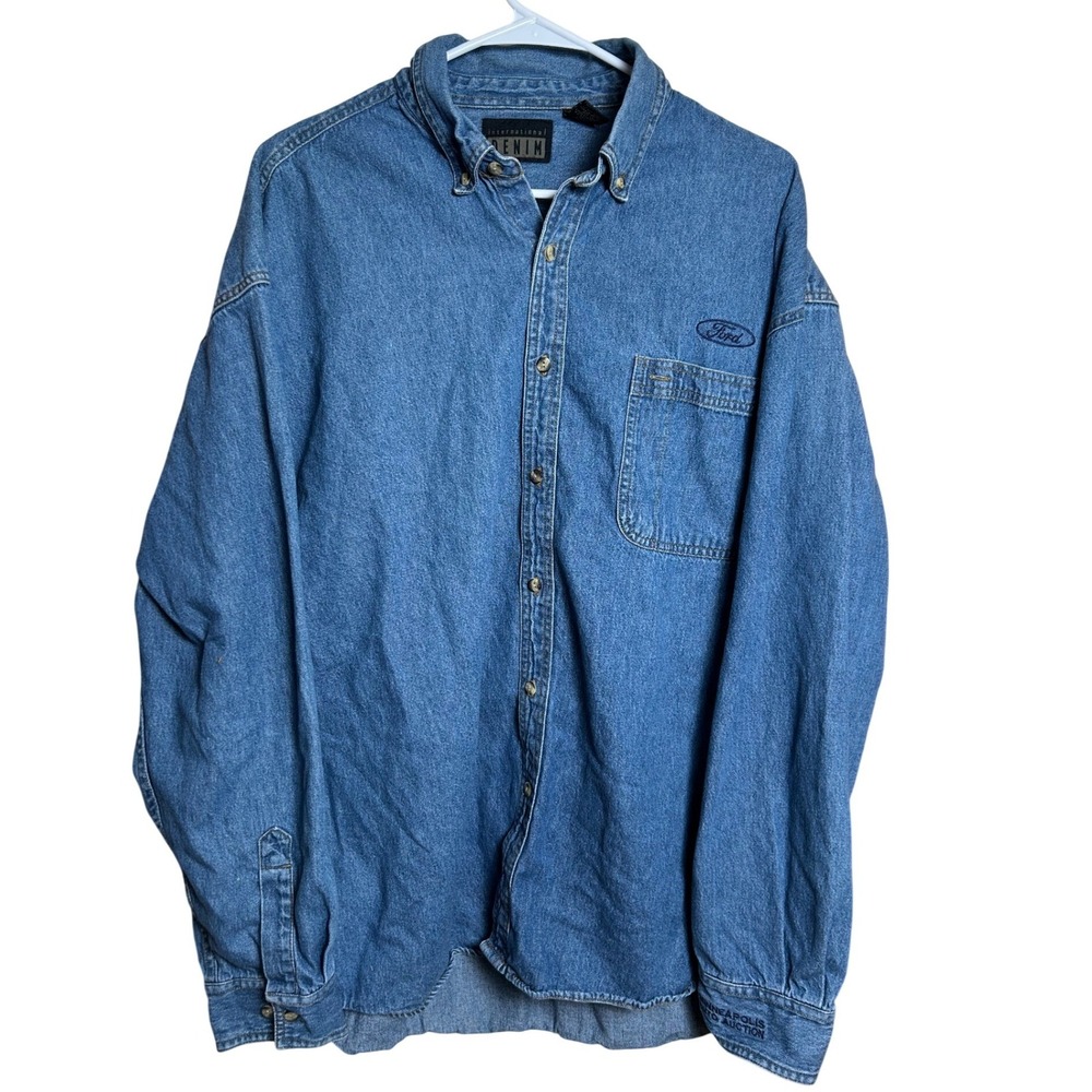 Vintage Ford Shirt Men XL Blue Long Sleeve Button Down Retro Workwear 90s Causal